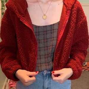 Cropped red teddy coat